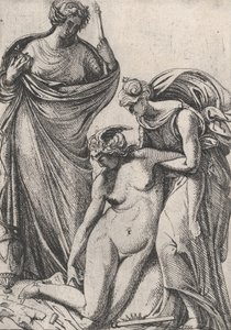 Studie som støtter den besvimende personifiseringen av skulptur, stående ved siden av dem, Fran..., 1607-61. av Pierre Biard