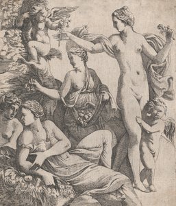 Venus, stående med de tre nådene, blir tilbudt en blomst fra en putto, 1607-61. av Pierre Biard