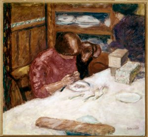 Interiør Kvinne opptatt med hjemlige flekker. Maleri av Pierre Bonnard (1867-1947) 1914 Privat samling av Pierre Bonnard