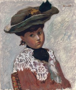 Portrett av en ung kvinne eller hatten; Portrait of a Young Woman (The Hat), ca. 1905 (olje på lerret lagt ned om bord) av Pierre Bonnard