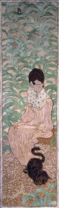 Sittende kvinne med en katt, et av fire paneler av Women in the Garden, 1891 (olje på papir på lerret) av Pierre Bonnard