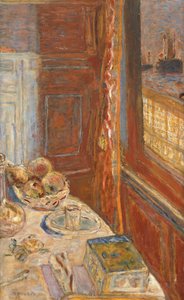 Stilleben med skip sett gjennom vindu, ca. 1906
