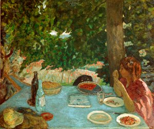 Kirsebærpaien Ung kvinne som sitter har et bord i en hage. Maleri av Pierre Bonnard (1867-1947) 1908 Dim. 115x126 cm Zürich, Samling Peter Nathan av Pierre Bonnard