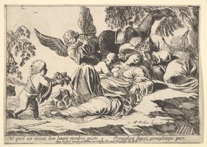 Engler som gir frukt til den sovende hellige familie, 1610-42. av Pierre Brebiette