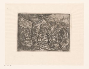 Dansende nymfer og satyrer i et landskap av Pierre Brebiette