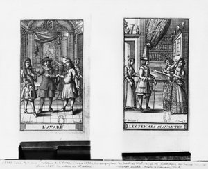 Moliere som Harpagon, frontispice for 'The Miser', 1668, og frontispice for 'Learned Ladies', 1672, av Moliere (1622-73) gravert av Jean Sauve (fl.1660-91) utgitt i Paris i 1682 (f.