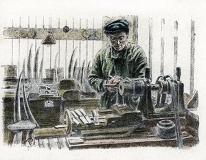 En elfenbensarbeider som skjærer elefantstøttenner på jobb i verkstedet sitt og jobber med elefantforsvar (Elfenbensarbeider skjærer elefantstøttenner) Gravering fra "" Excursion a travers les metiers" av Pierre Calmette Collection privee