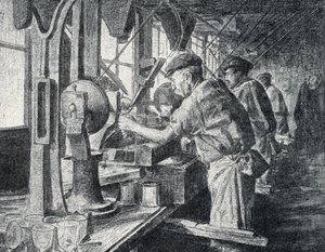 Skjæreverksted ved krystallglassproduksjonen i Sevres nær Paris Gravering fra "Excursion a travers les metiers" av Pierre Calmette Private Collection av Pierre Calmettes