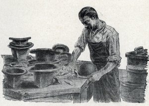 Hattemaker: fastklemming av kantene på en bowlerhatt (lage en bowlerhatt) Gravering hentet fra "Excursion a travers les metiers" av Pierre Calmette Private Collection