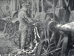 Lærindustri: mekanisk klipping av pelsverk Gravering fra "Excursion a travers les metiers" av Pierre Calmette Private Collection