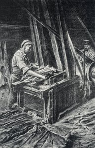 Peausserie, le corroyage: lærarbeid, mykgjøring av dyreskinn i en fyldigere gravering fra Pierre Calmette Collection privee