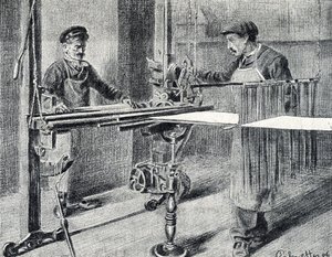 Silkeverksted: forberedelse av kjeden ved mappen (Silkearbeid) Gravering hentet fra "Excursion through the metiers" av Pierre Calmette Private Collection