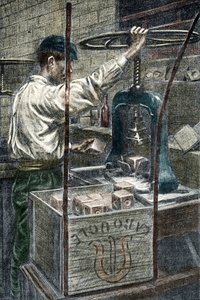 Såpefabrikk: stempling av såpemerket Gravering fra «Excursion a travers les metiers» av Pierre Calmette Private Collection
