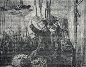 Tapetet av Aubusson: tapetsererne jobber opp ned Gravering fra "Excursion a travers les metiers" av Pierre Calmette Collection privee