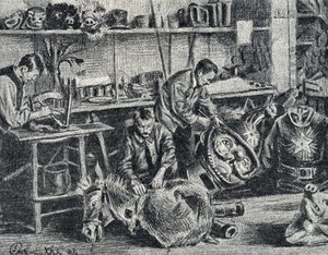 Verksted for teater og viser tilbehør produksjon Gravering fra Pierre Calmette Private Collection av Pierre Calmettes