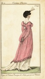 Kvinne i sateng tunikakjole og fløyelstoque, Paris av Pierre Charles Baquoy