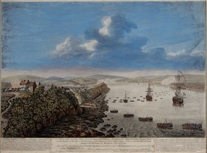 En utsikt over landingsstedet over byen Quebec som beskriver angrepet ... på Hauteurs DAbraham Septr. 13. 1759, ca. 1760 av Pierre Charles Canot