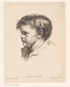 Hodet til et lite barn, vendt mot venstre La petite Nanette (tittel på objekt) Hoder til forskjellige figurer (serietittel) ir. Cahier de Têtes de différens Caracteres (serietittel) av Pierre Charles Ingouf