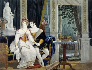 Ungt borgerlig par i et interiør i galantsamtale - av Pierre Chasselat, deb. 1800-tallet av Pierre Chasselat