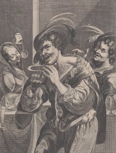 Mann som drikker suppe mens to personer ser på ham, 1624-75.