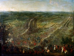 War of the League of Augsburg: "" Slaget ved Fleurus vunnet av marechal of Luxembourg mot våpnene til en koalisjon av De forente provinser (United Provinces), the Imperials, Spania og Storbritannia, 1/07/1690"" Maleri tilskrevet Pierre Denis av Pierre Denis (attr.to) Martin