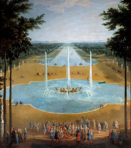 Utsikt over bassenget til Apollo og Canal Grande i Versailles i 1713, i forgrunnen: Kong Ludvig XIV (1638-1715) har promenaden rundt 1713. Detalj av et maleri av Pierre Denis Martin (1663-1742) Søn. 2,6x1,3 m av Pierre Denis Martin