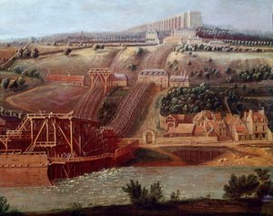 Utsikt over maskinen til akvedukten til Marly installert i Bougival Akvedukten til Louveciennes (eller Marly) tillot å forsyne Versailles til Marlys slott med vann. Detalj. Maleri av Pierre Denis Martin (1663-1742) Søn. 1,15x1,65 m Versailles, musee du