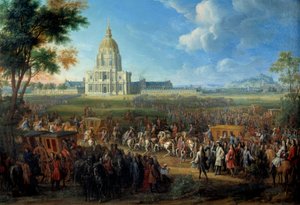 Besøk av kong Ludvig XIV til kirken Royal Hotel des Invalides, nylig ferdigstilt 14. juli av Pierre Denis Martin