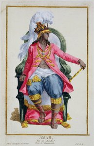 Amar, konge av Ouidah, fra «Samling av trykk, som representerer rang og verdighet, etter kostymet til alle eksisterende nasjoner», utgitt 1780 (håndkolorert gravering)