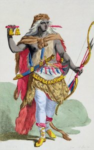 Dronning Anna Nzinga (1583–1663), fra «Samling av trykk som representerer rang og verdighet, etter alle eksisterende nasjoners kostyme», utgitt 1780 (håndkolorert gravering)