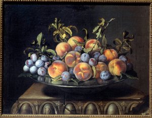 Fersken og plommer i tinnfat Maleri av Pierre Dupuis (1610-1682) 1600-tallets søn. 0,48x0,61 m