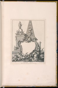 Kartusj med trofeer, en statue og en pyramide