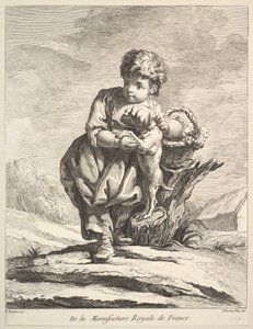 Barn med en hund, som holder en kurv med druer, fra Premier Livre de Figures daprès les po..., 1757.