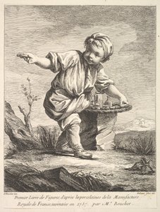 Frontispice med liten gutt som holder en kurv, fra Premier Livre de Figures daprès les po..., 1757.