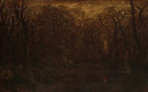 Skogen om vinteren ved solnedgang, ca. 1846-67.