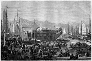 Boat des Fleurs, en restaurant og morosted i havnen i Shanghai i 1860, Kina. Gravering av Grandsire, i "" Le Tour du Monde, Nouveau journal des Voyages"", redigert av Edouard Charton, Paris