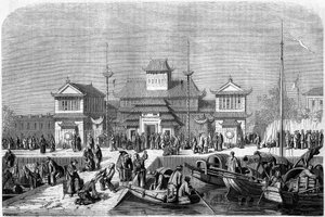 Tollvisning i havnen i Shanghai i 1860, Kina. Gravering av Grandsire, i "" Le Tour du Monde, Nouveau journal des Voyages"", redigert av Edouard Charton, Paris