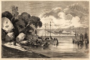 Barcadere de Macau, tegning av Grandsire for å illustrere reisen til Kina og Japan, i 1857-1858, til M. de Moge. Gravering i "" Le tour du monde, nouveau journal des voyages"" Paris
