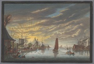 Utsikt over den gamle marinaen i Amsterdam, sett mot festningen Leeuwenburg eller Blauwhoofd Utsikt ved den gamle marinaen for å se 