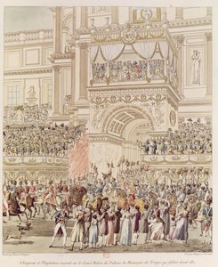 Keiseren og keiserinnen mottar hyllingen av de franske troppene fra balkongen til Tuileriene i anledning av deres ekteskap, gravert av Charles Pierre Joseph Normand (1765-1840) (farge)