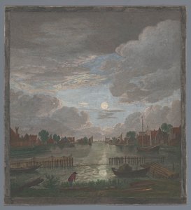 Utsikt over en kanal nær byen Haarlem ved måneskinn Vûe du canal proche de Haerlem (tittel på objekt) av Pierre François Basan