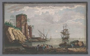Utsikt over en kyst nær byen Toulon ved måneskinn Vüe des environs de Toulon (tittel på objekt) av Pierre François Basan