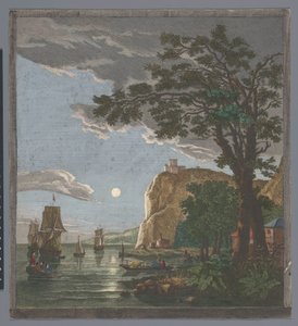 Utsikt over en kyst med skip og båter på vannet ved måneskinn La pleine lune (tittel på objekt) av Pierre François Basan