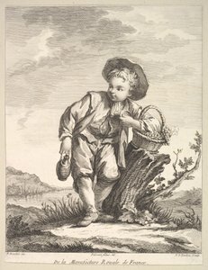 Liten gutt som holder en kurv med druer, fra Second Book of Figures etter po..., etter 1757.
