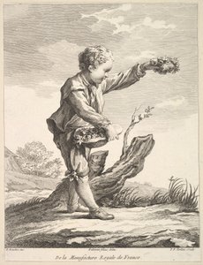 Liten gutt som holder en krans og kurv med blomster, fra Deuxième Livre de Figures d