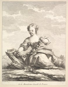 Liten jente som holder en krans av blomster, fra Second Book of Figures etter..., etter 1757.