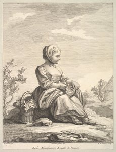 Liten jente som holder druer med en kurv med dem ved sin side, fra Deuxième Livre de..., etter 1757.