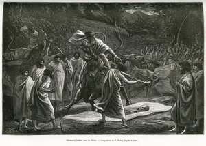 En begravelsesseremoni for Todas, et lite pastoralsamfunn på Nilgiri-platået (Sør-India), under begravelsen, blir storfe ofret. Gravering av P. Fritel, for å illustrere suvenirene fra en reise til Nilgherries, av Madame Janssen, i 1.