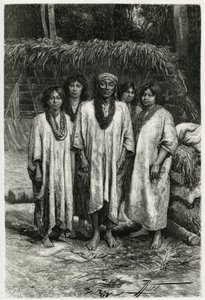 Chief Lacandon og Lacandon-typer, Maya-folk som bor i jungelen i Chiapas (Mexico). Gravering av P. Fritel, for å illustrere historien "" Reisen til Yucatan og Lacandons land", i 1882, av Desire Charnay (1828-1915) arkeolog og fotograf