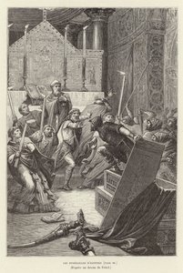 Les funerailles d'Hastings. Vikinger angriper en fransk kirke i begravelsen til deres leder, Hasting, etter at han lot seg død (gravering)